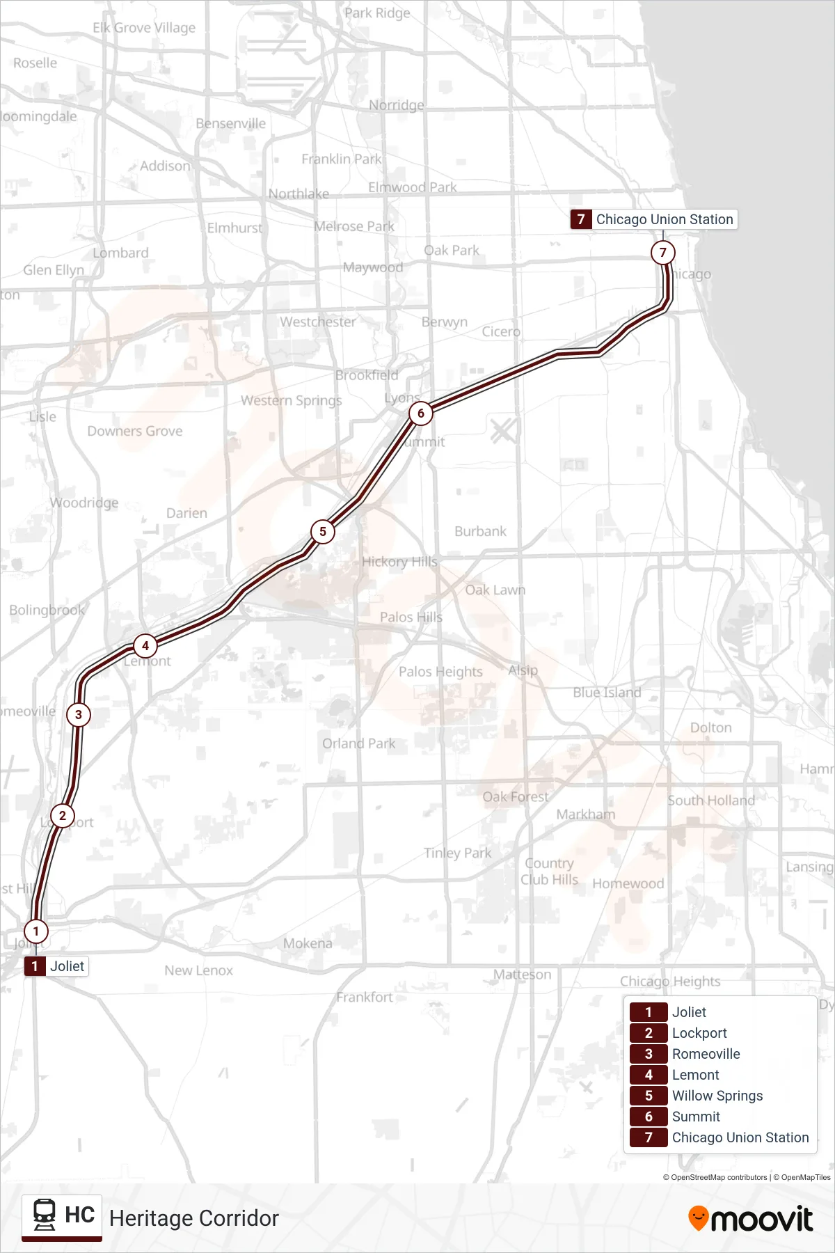 HC rail Line (Chicago Union Station) route and stops on a map