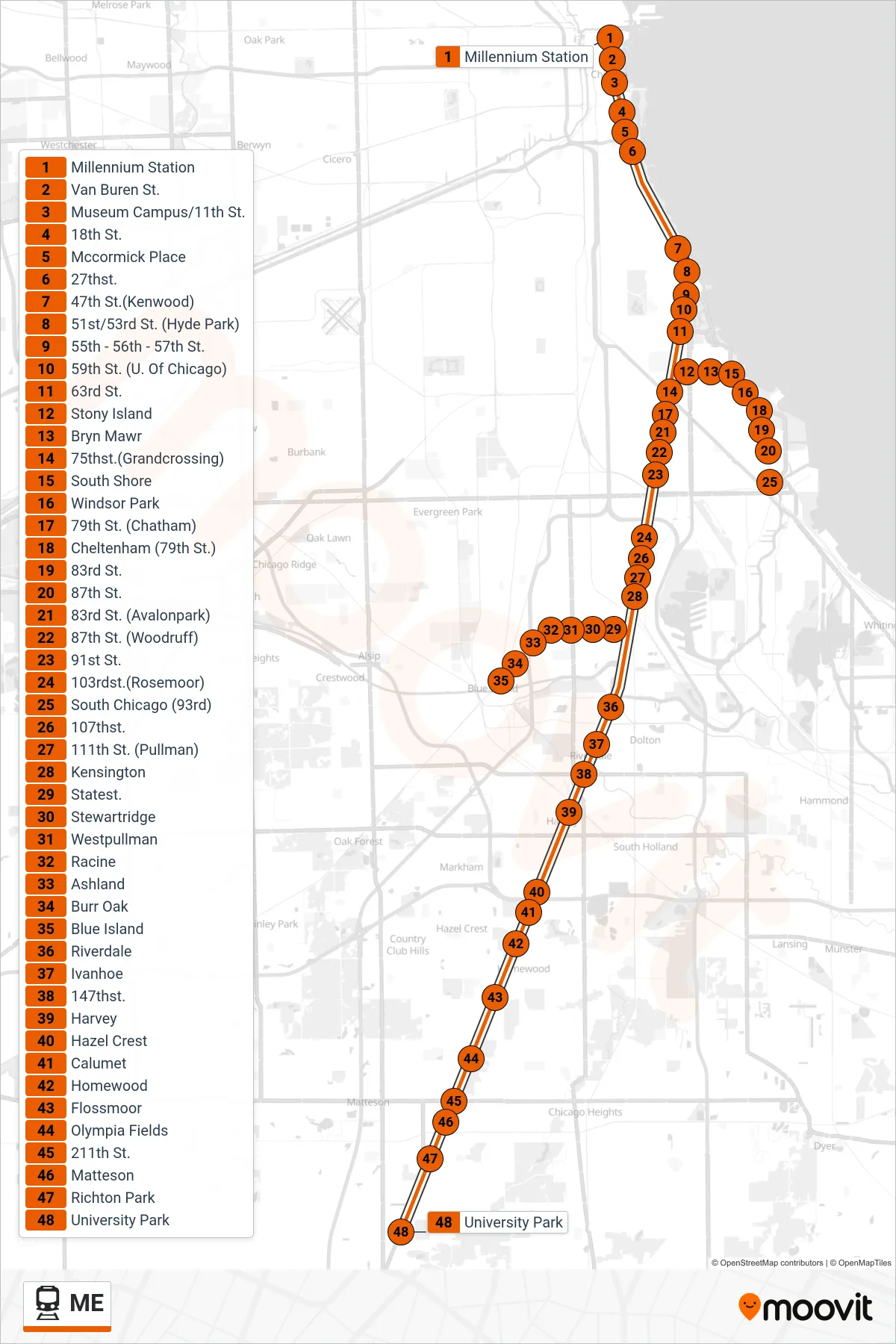 ME rail Line (University Park (South)) route and stops on a map