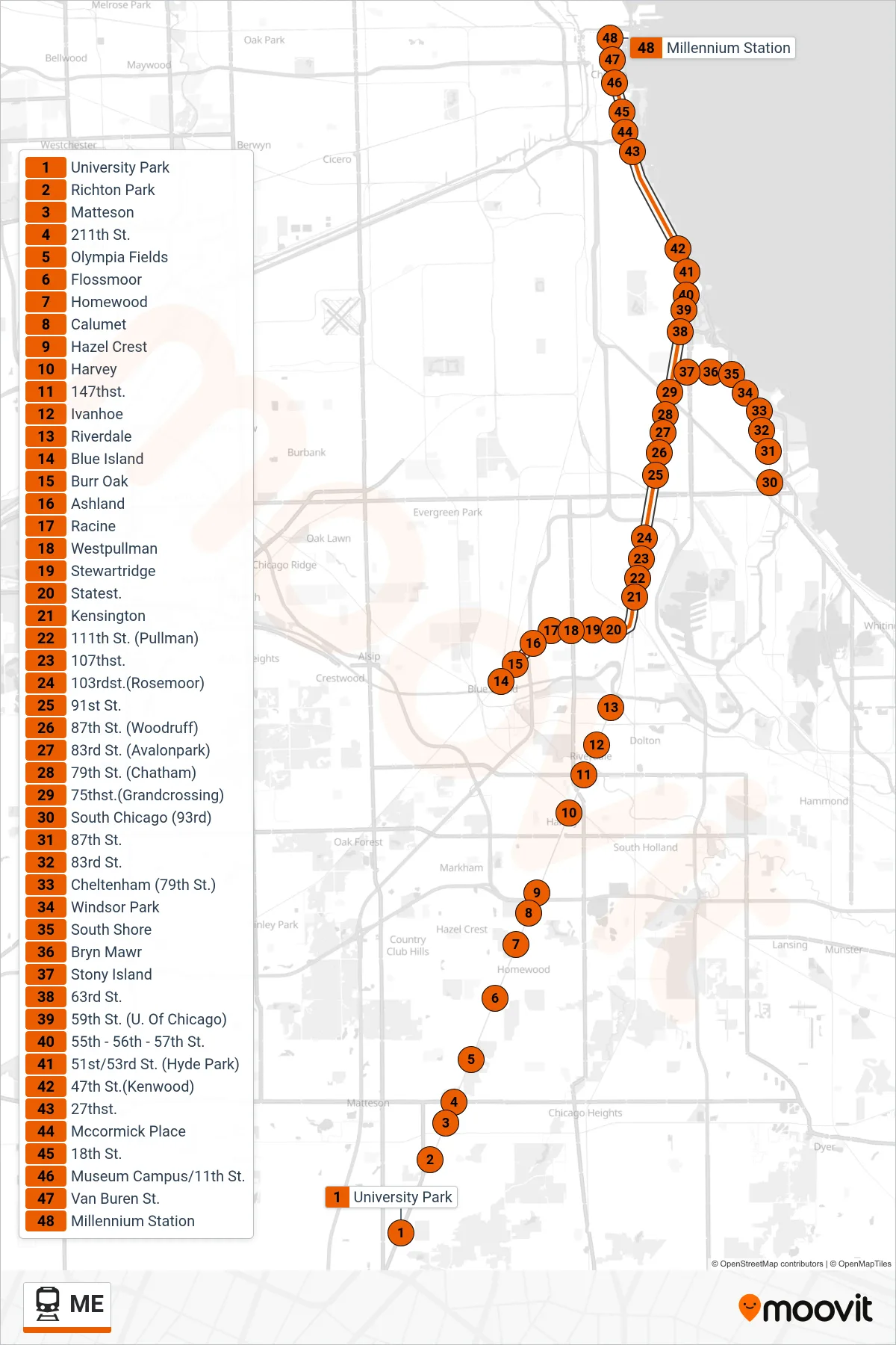ME train Line (Millennium Station (North)) route and stops on a map