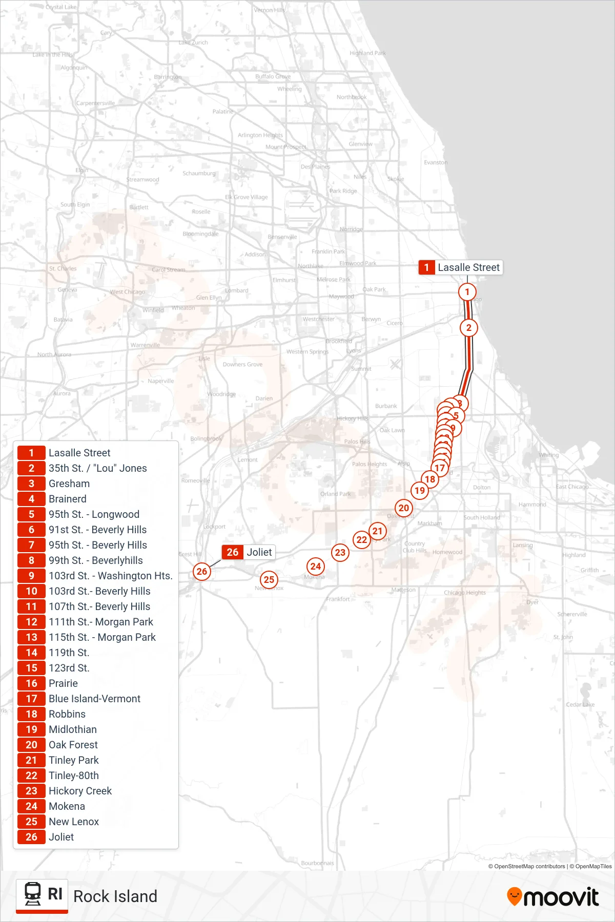 RI rail Line (Joliet/Blue Island) route and stops on a map
