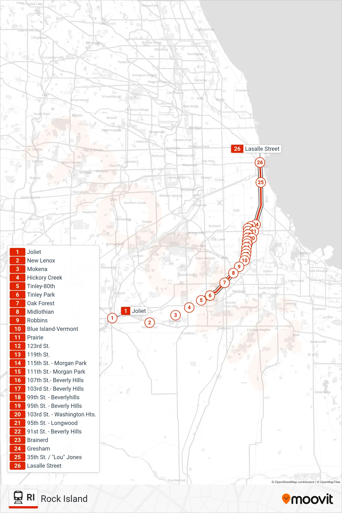 RI rail Line (Lasalle St) route and stops on a map