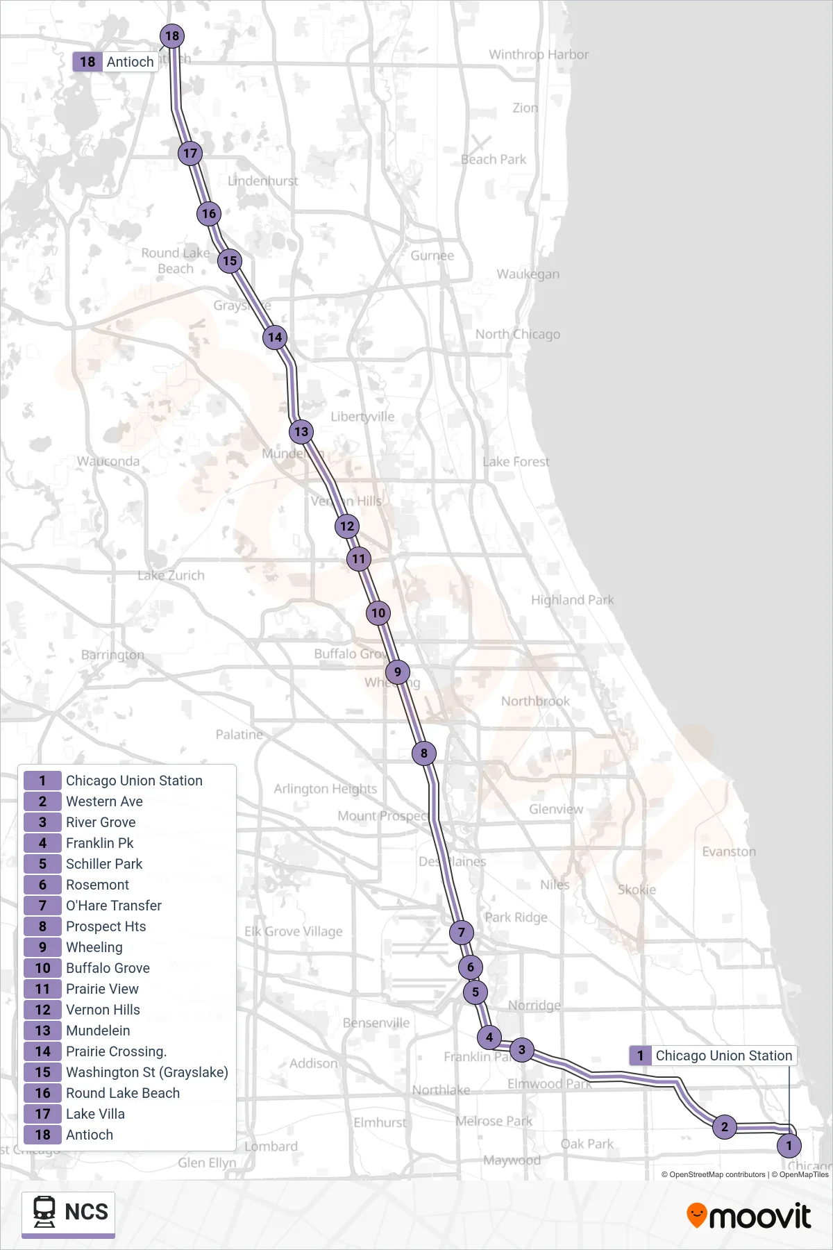 NCS rail Line (Antioch) route and stops on a map
