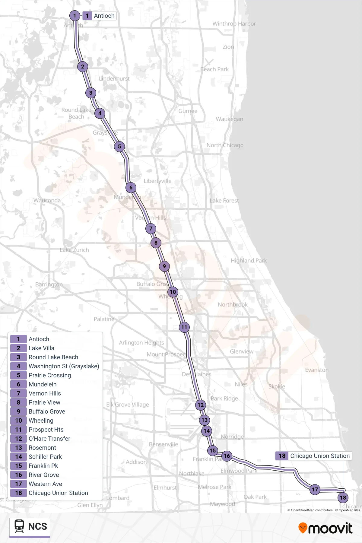 NCS rail Line (Chicago Union Station) route and stops on a map