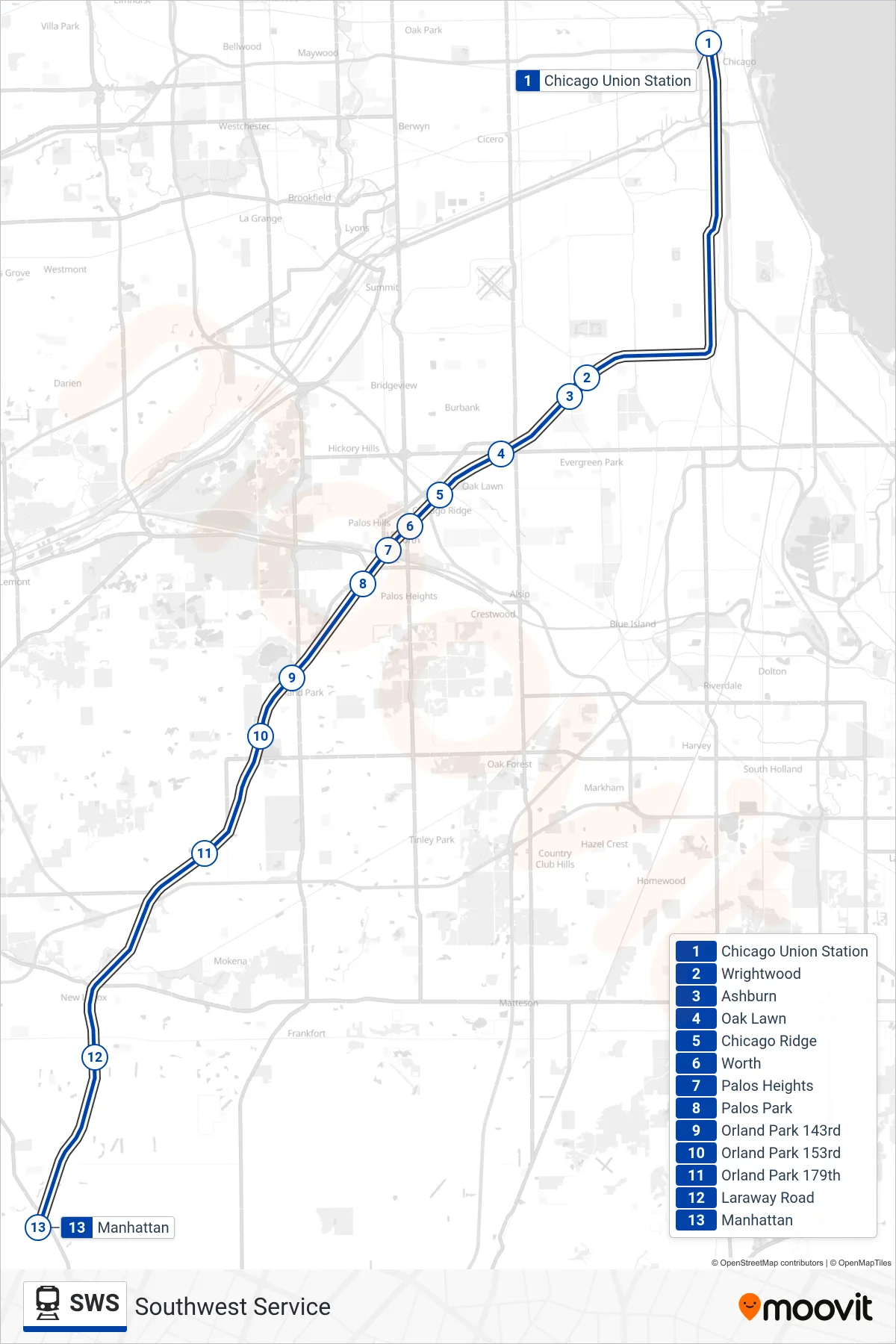 SWS train Line (Manhattan/Orland Park) route and stops on a map