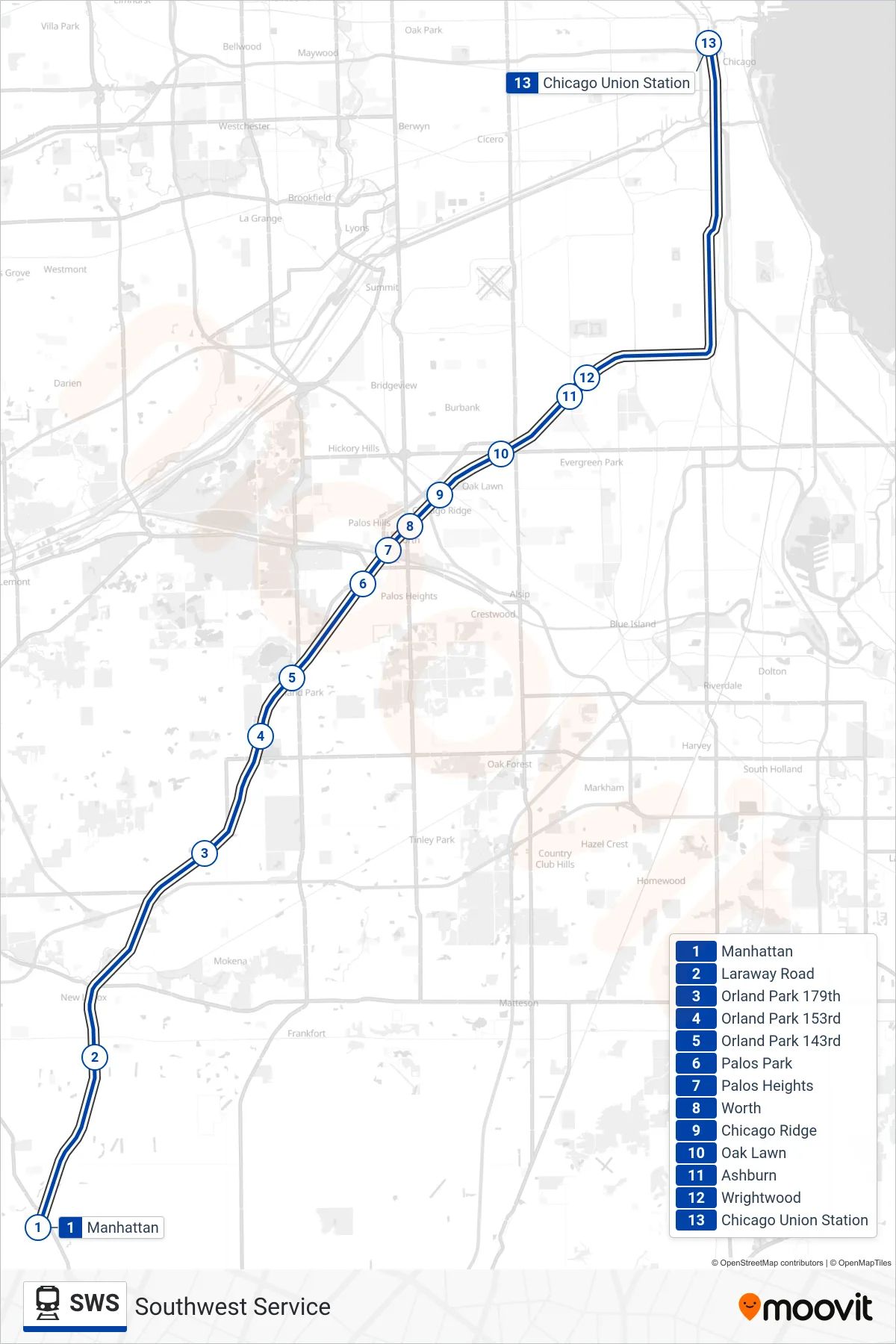 SWS rail Line (Chicago Union Station) route and stops on a map