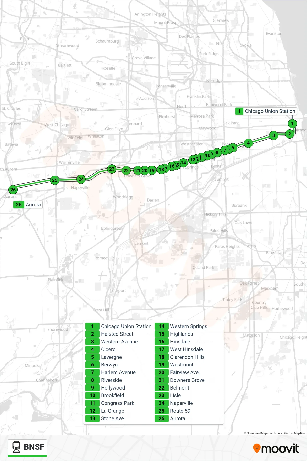 BNSF rail Line (Aurora (West)) route and stops on a map