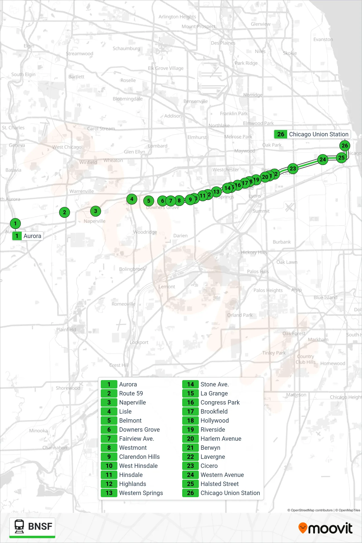 BNSF train Line (Chicago Union Station) route and stops on a map