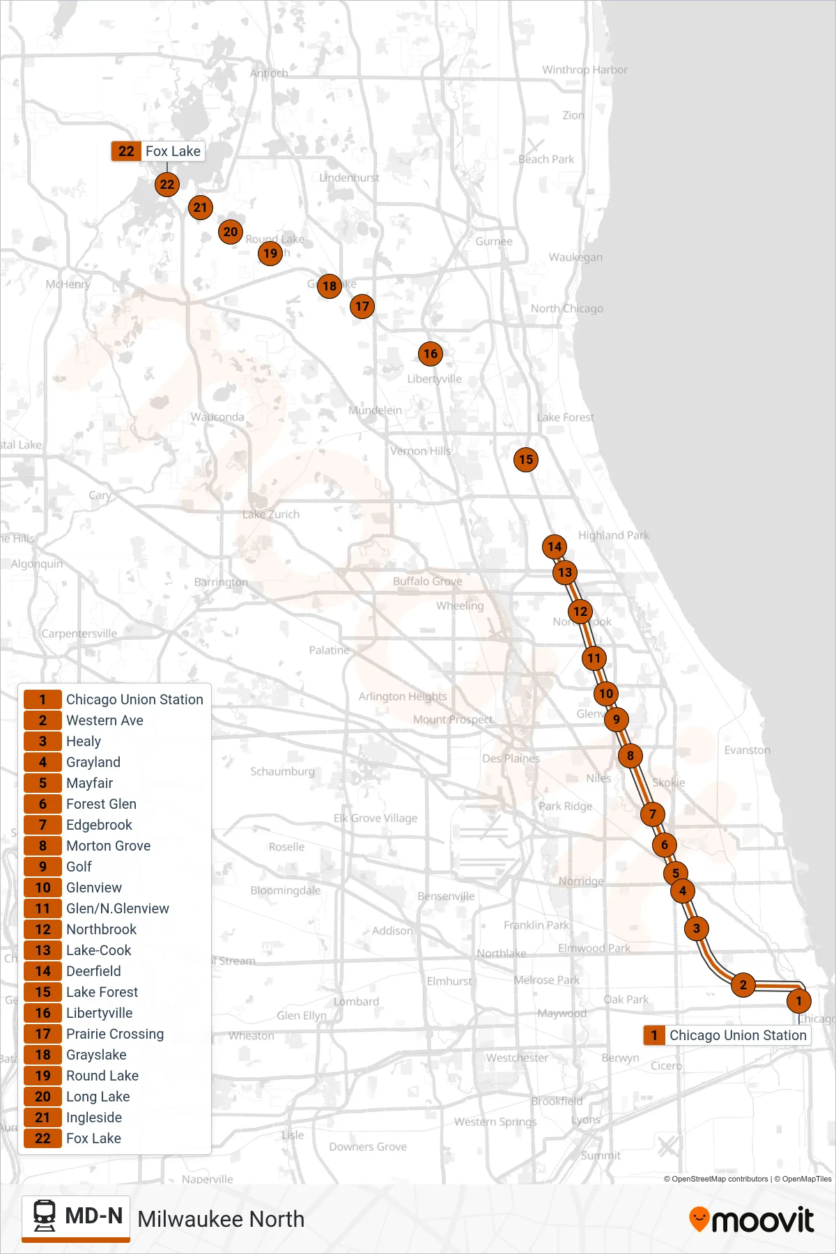 MD-N rail Line (Fox Lake (North)) route and stops on a map