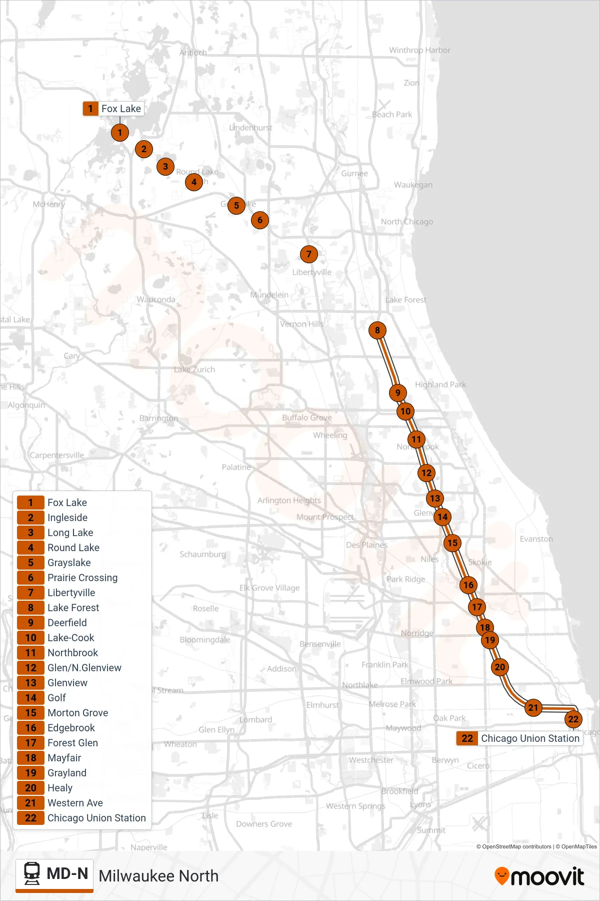 MD-N rail Line (Chicago Union Station (South)) route and stops on a map