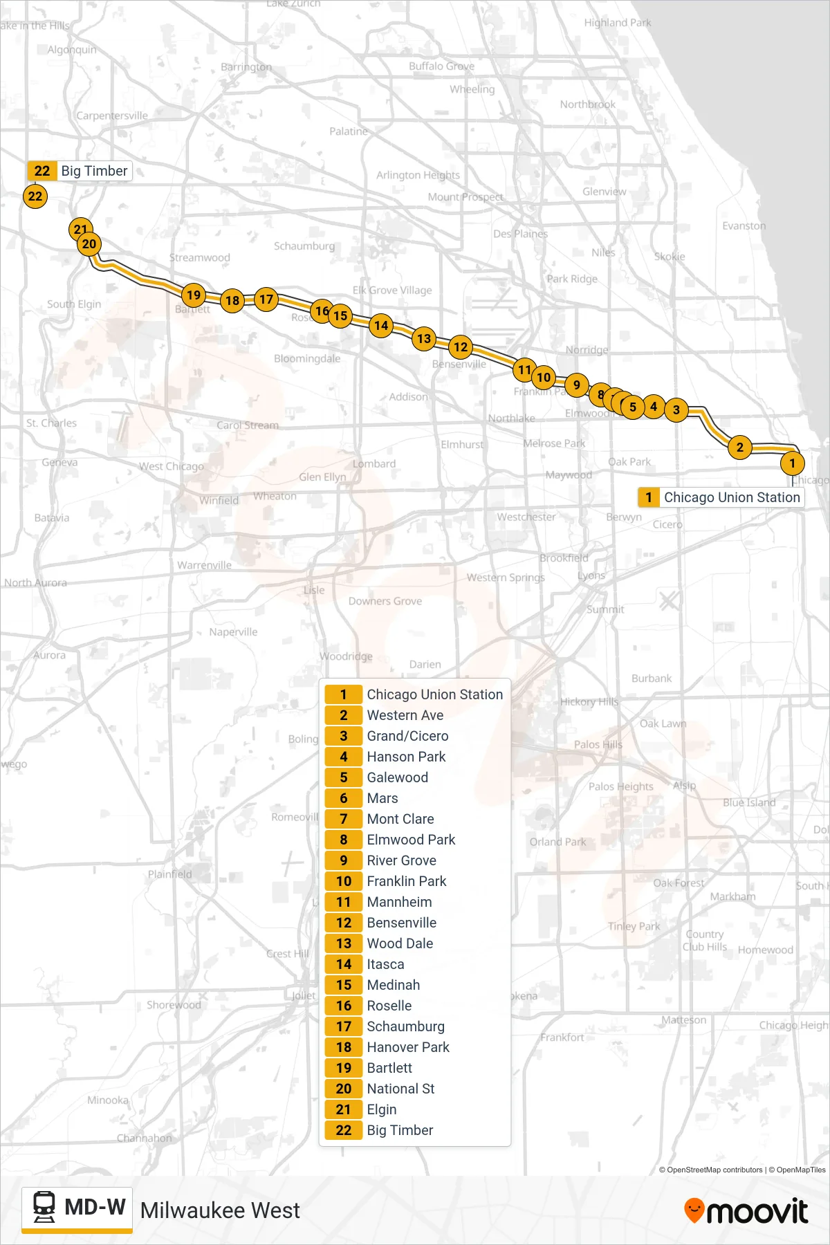 MD-W train Line (Elgin/Big Timber) route and stops on a map