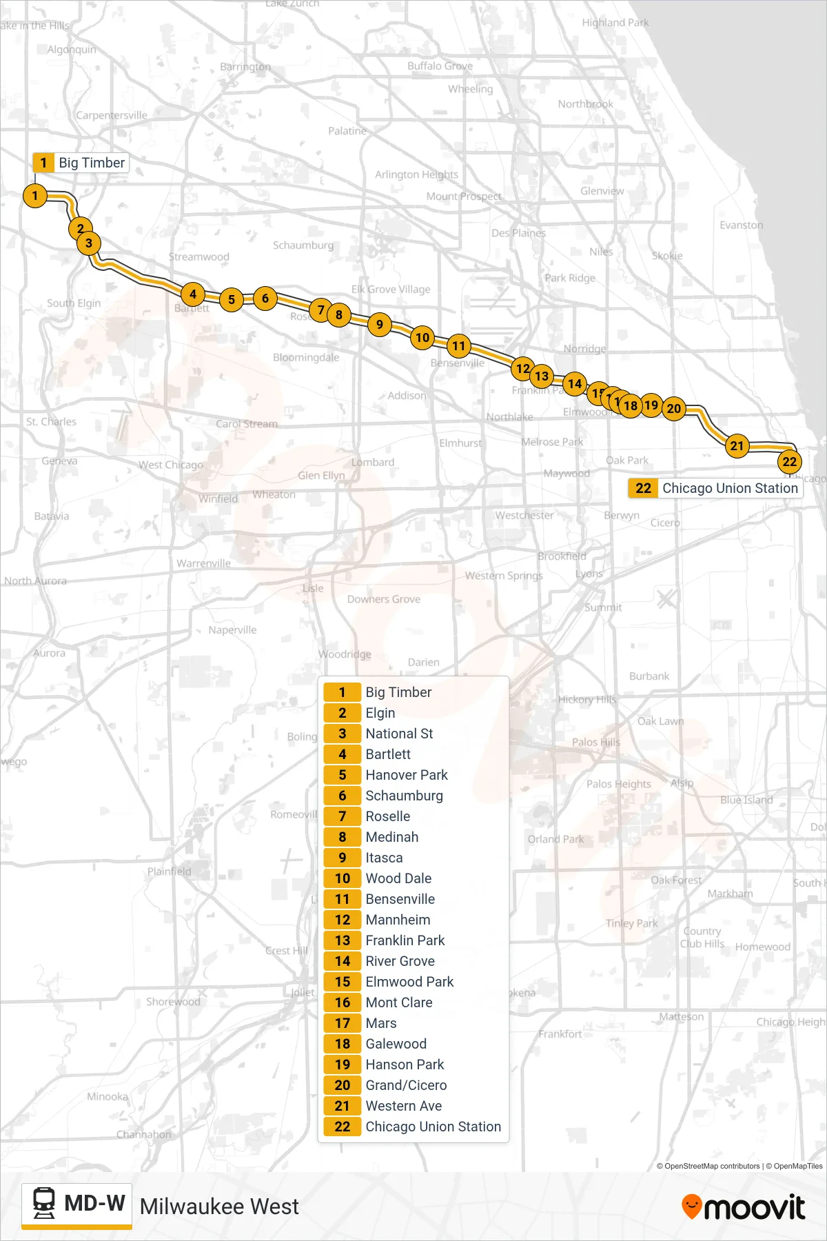 MD-W train Line (Chicago Union Station) route and stops on a map