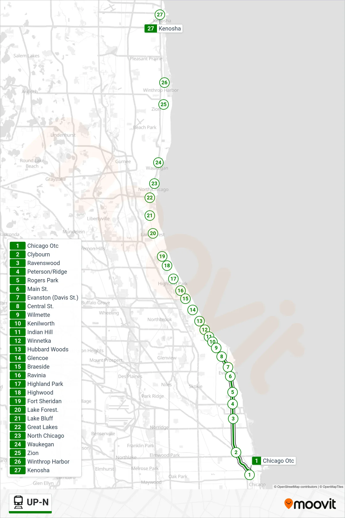 UP-N rail Line (Kenosha/Waukegan) route and stops on a map