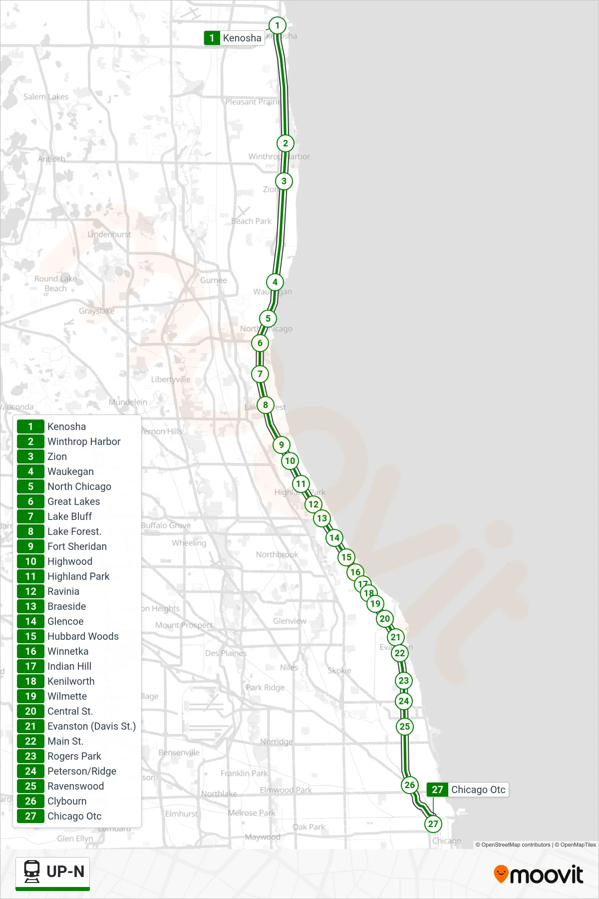 UP-N train Line (Chicago OTC) route and stops on a map