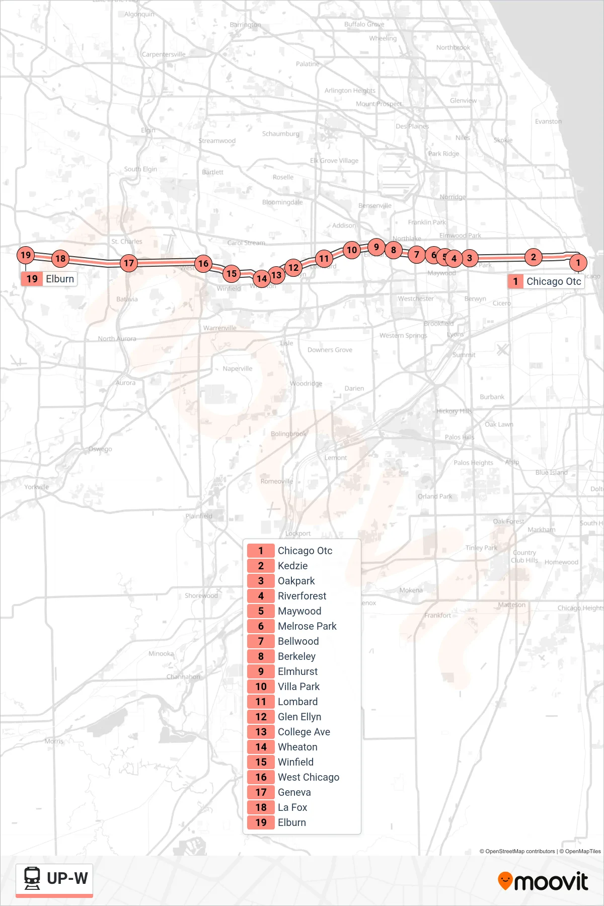 UP-W train Line (Elburn) route and stops on a map