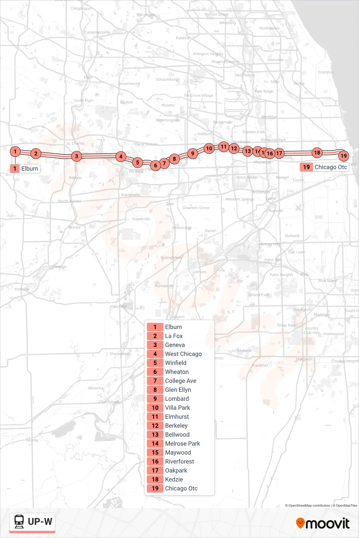 UP-W train Line (Chicago OTC) route and stops on a map