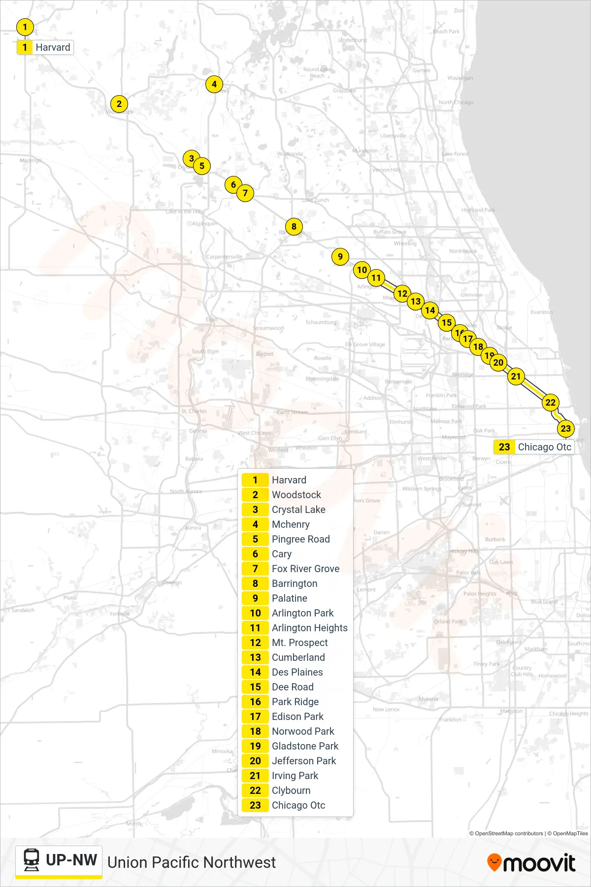 UP-NW rail Line (Chicago OTC) route and stops on a map