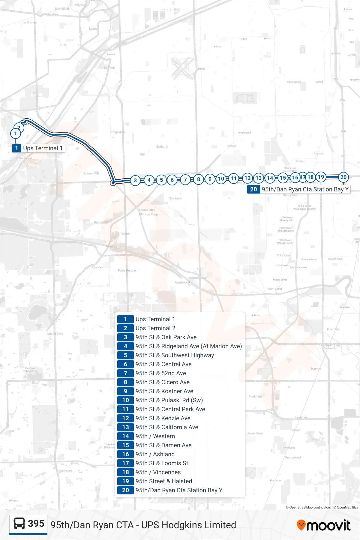 395 bus Line (95th/Dan Ryan Cta Station Bay Y) route and stops on a map