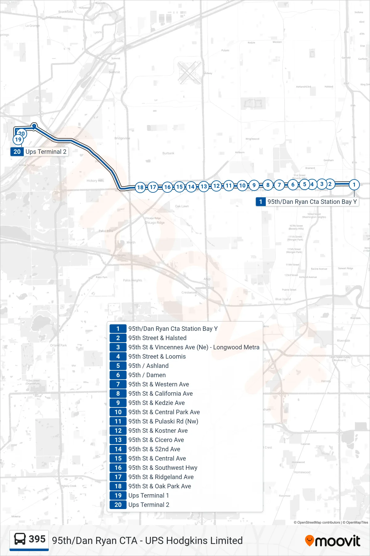395 bus Line (Ups Terminal 2) route and stops on a map