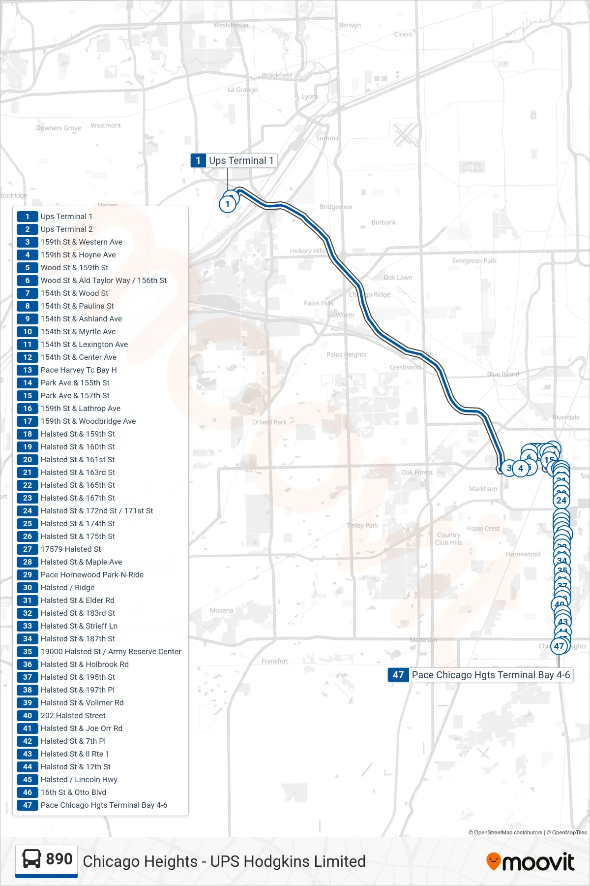 890 bus Line (Pace Chicago Heights Terminal 4) route and stops on a map