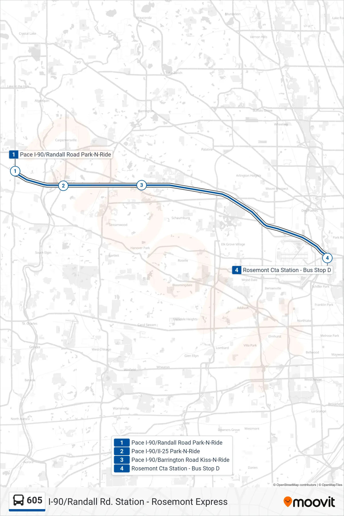 605 bus Line (Rosemont Cta Station - Bus Stop D) route and stops on a map