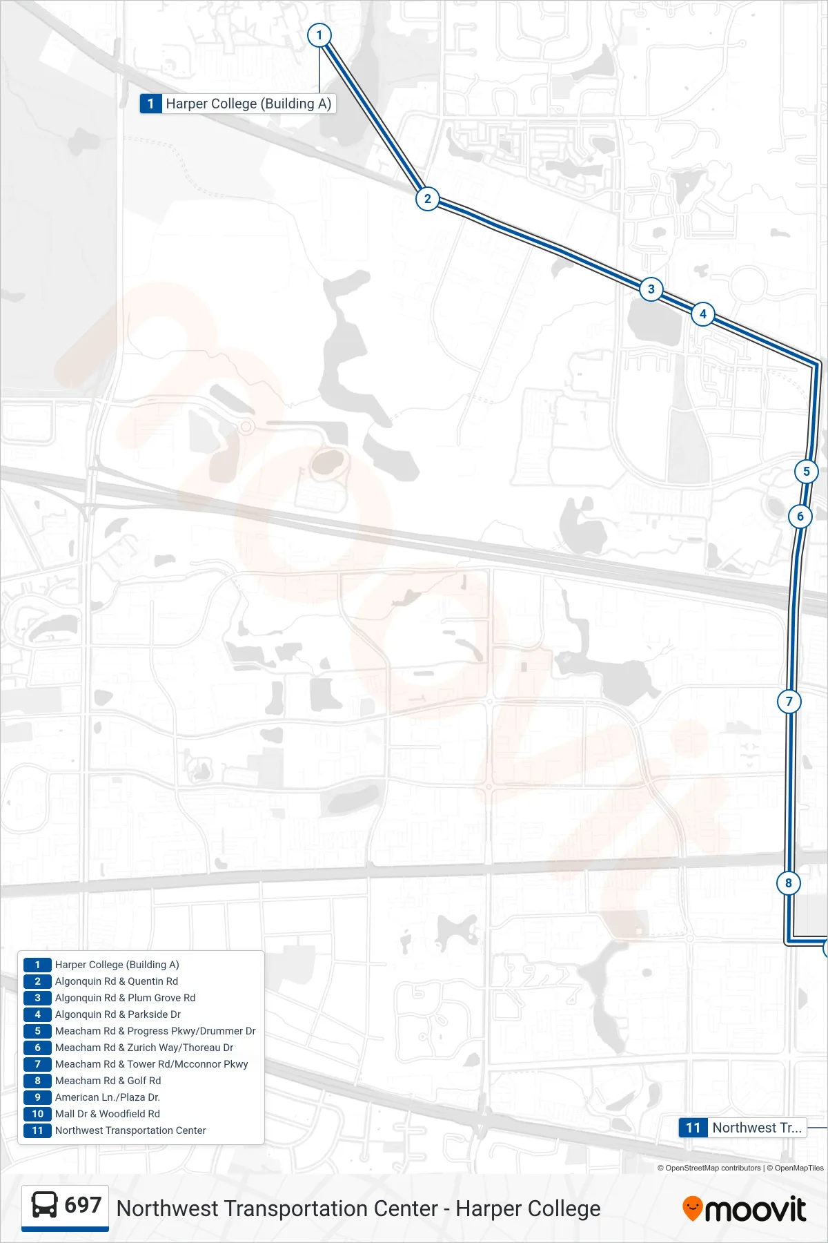 697 bus Line (Northwest Transportation Center) route and stops on a map