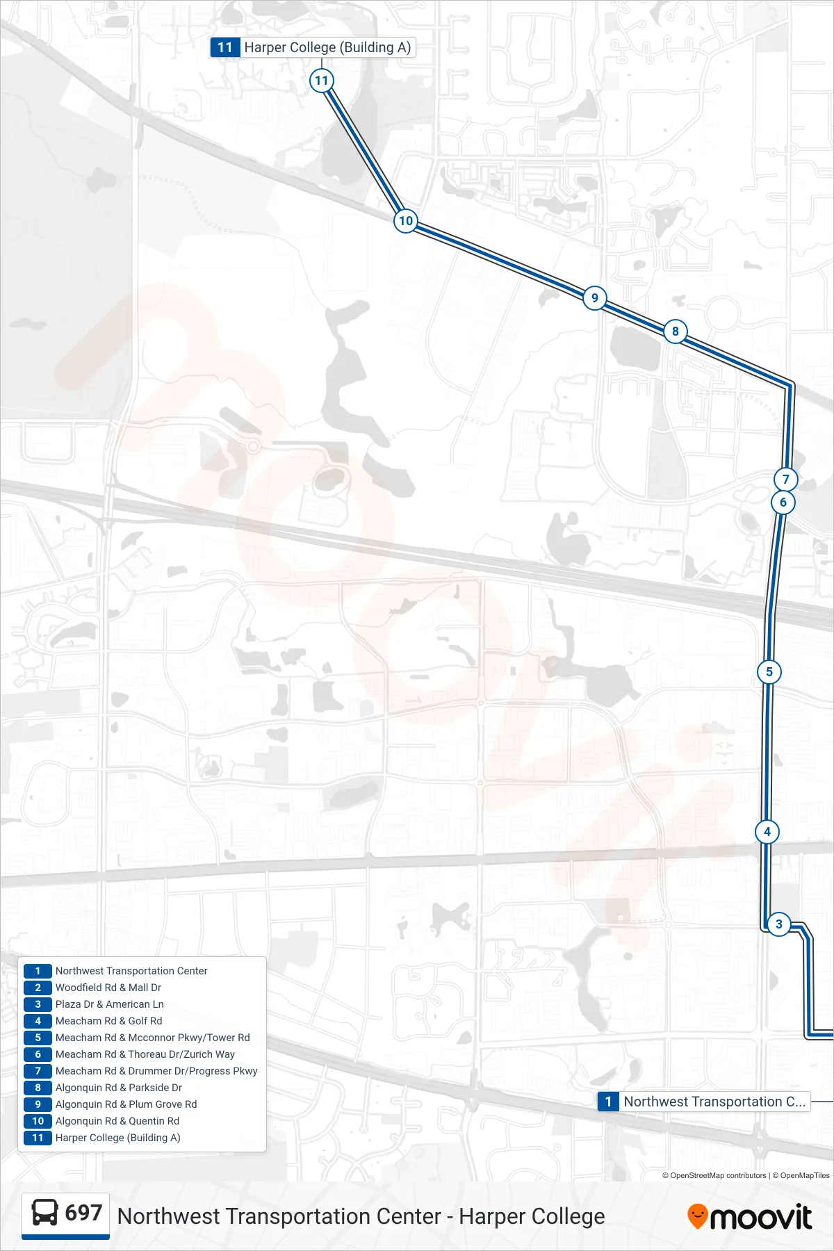 697 bus Line (Harper College (Building A)) route and stops on a map
