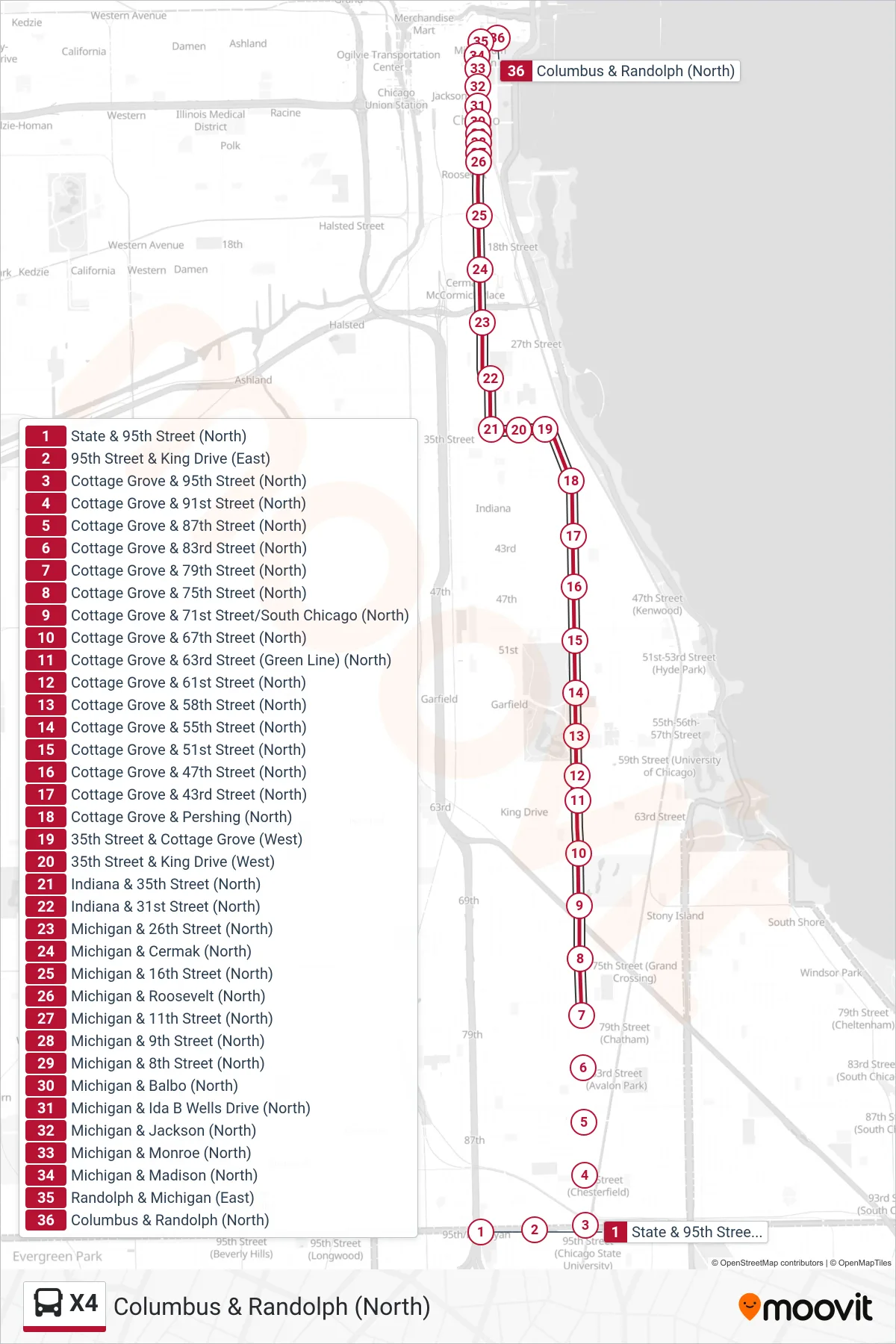 X4 bus Line (Columbus & Randolph (North)) route and stops on a map