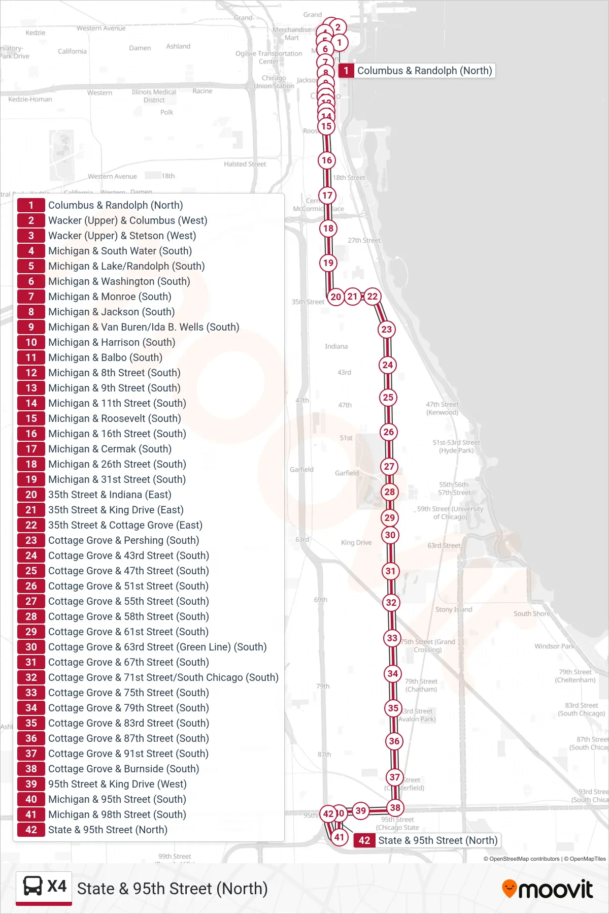 X4 bus Line (State & 95th Street (North)) route and stops on a map