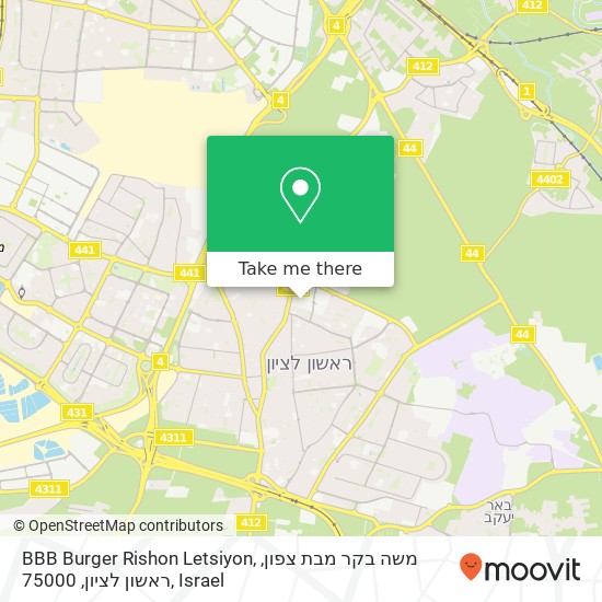 Карта BBB Burger Rishon Letsiyon, משה בקר מבת צפון, ראשון לציון, 75000