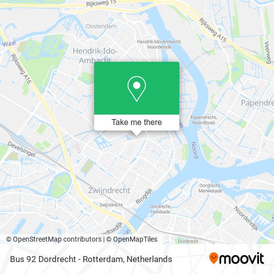 Bus 92 Dordrecht - Rotterdam map