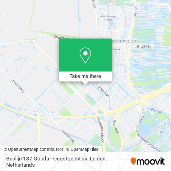 Buslijn 187 Gouda - Oegstgeest via Leiden map