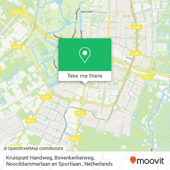Kruispunt Handweg, Bovenkerkerweg, Noorddammerlaan en Sportlaan. map