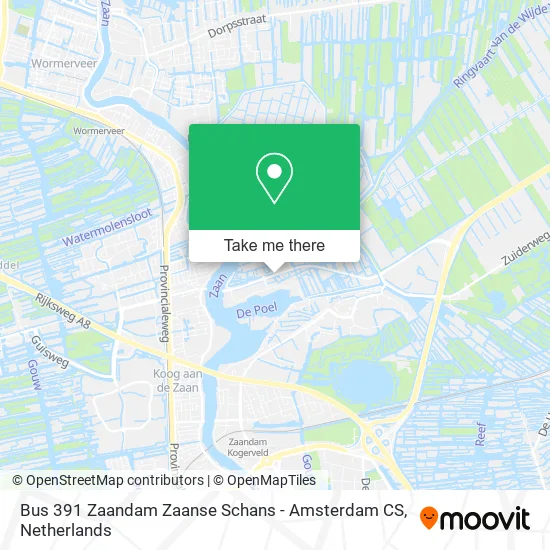 Bus 391 Zaandam Zaanse Schans - Amsterdam CS map