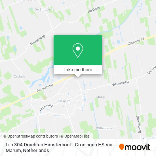 Lijn 304 Drachten Himsterhout - Groningen HS Via Marum map