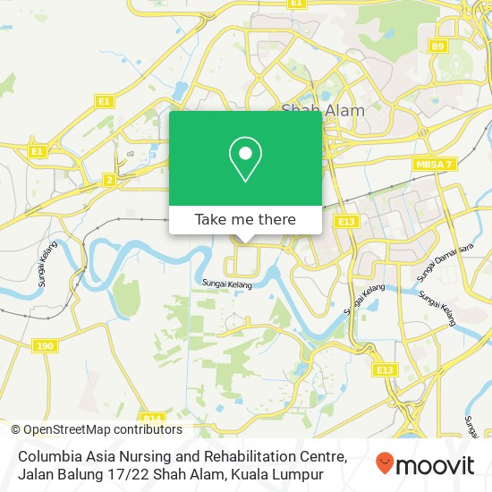 Peta Columbia Asia Nursing and Rehabilitation Centre, Jalan Balung 17 / 22 Shah Alam