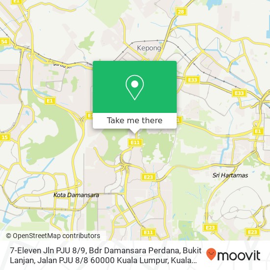 Peta 7-Eleven Jln PJU 8 / 9, Bdr Damansara Perdana, Bukit Lanjan, Jalan PJU 8 / 8 60000 Kuala Lumpur