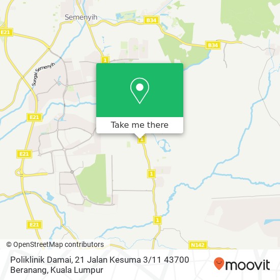 Peta Poliklinik Damai, 21 Jalan Kesuma 3 / 11 43700 Beranang