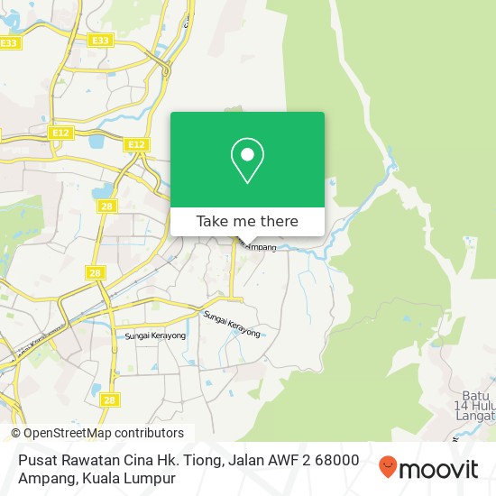 Peta Pusat Rawatan Cina Hk. Tiong, Jalan AWF 2 68000 Ampang