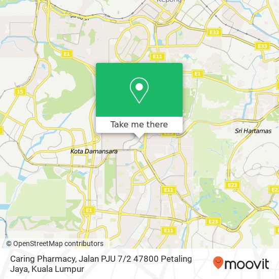 Peta Caring Pharmacy, Jalan PJU 7 / 2 47800 Petaling Jaya