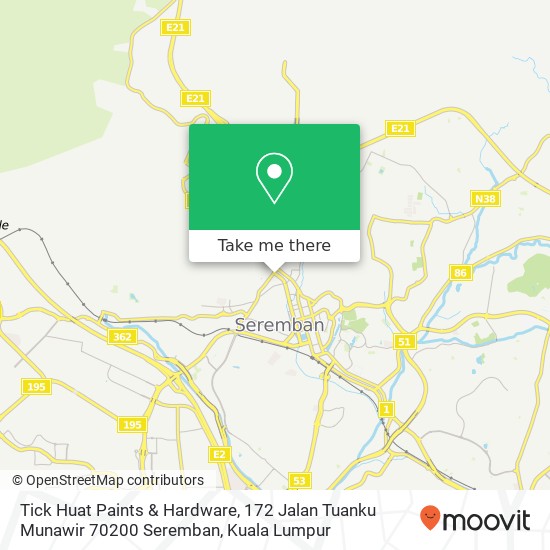 Peta Tick Huat Paints & Hardware, 172 Jalan Tuanku Munawir 70200 Seremban