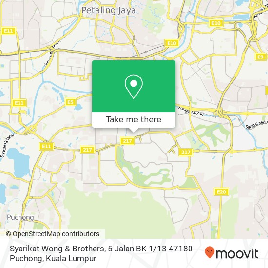 Peta Syarikat Wong & Brothers, 5 Jalan BK 1 / 13 47180 Puchong