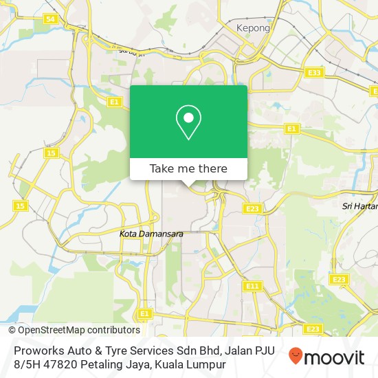 Peta Proworks Auto & Tyre Services Sdn Bhd, Jalan PJU 8 / 5H 47820 Petaling Jaya