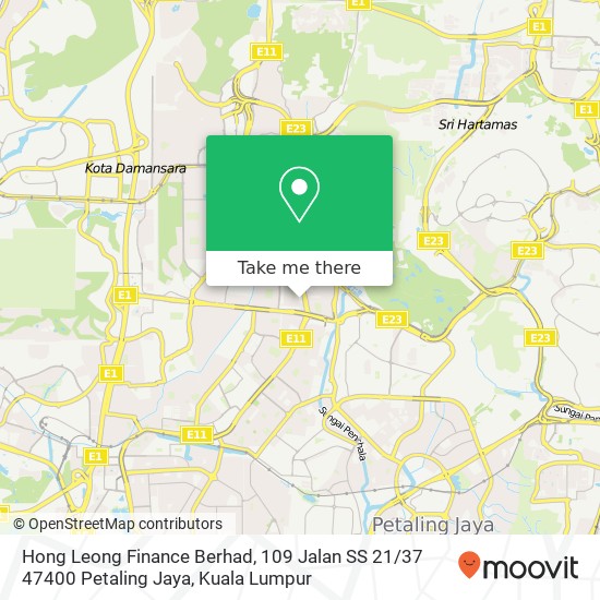 Peta Hong Leong Finance Berhad, 109 Jalan SS 21 / 37 47400 Petaling Jaya