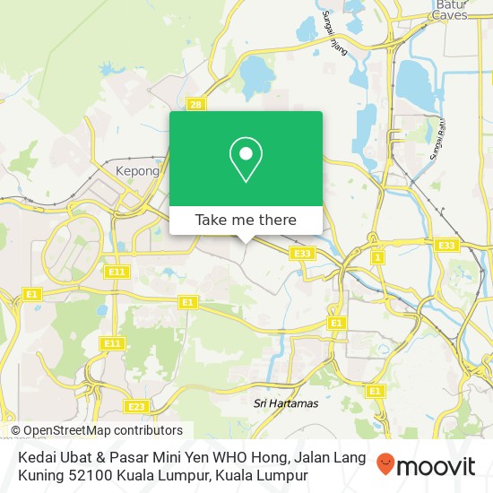 Peta Kedai Ubat & Pasar Mini Yen WHO Hong, Jalan Lang Kuning 52100 Kuala Lumpur