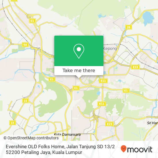 Peta Evershine OLD Folks Home, Jalan Tanjung SD 13 / 2 52200 Petaling Jaya