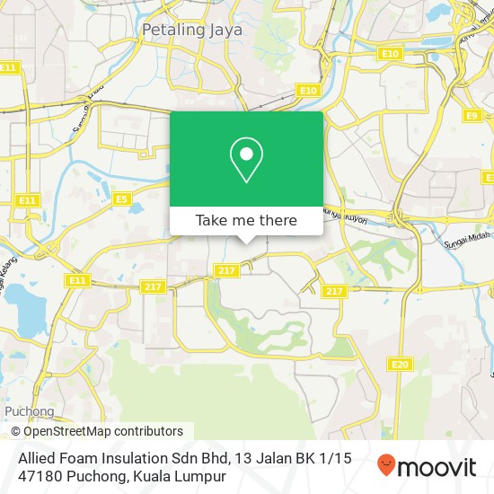 Peta Allied Foam Insulation Sdn Bhd, 13 Jalan BK 1 / 15 47180 Puchong