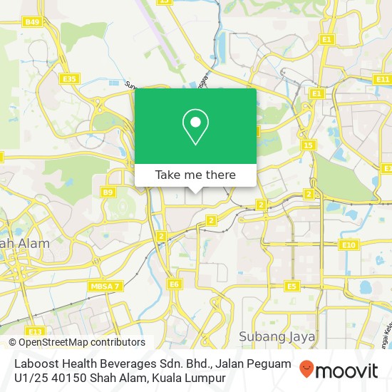 Peta Laboost Health Beverages Sdn. Bhd., Jalan Peguam U1 / 25 40150 Shah Alam