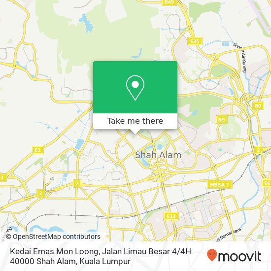 Peta Kedai Emas Mon Loong, Jalan Limau Besar 4 / 4H 40000 Shah Alam