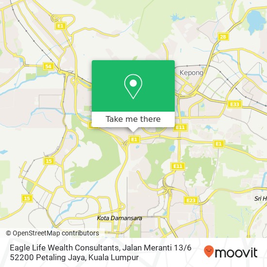 Peta Eagle Life Wealth Consultants, Jalan Meranti 13 / 6 52200 Petaling Jaya