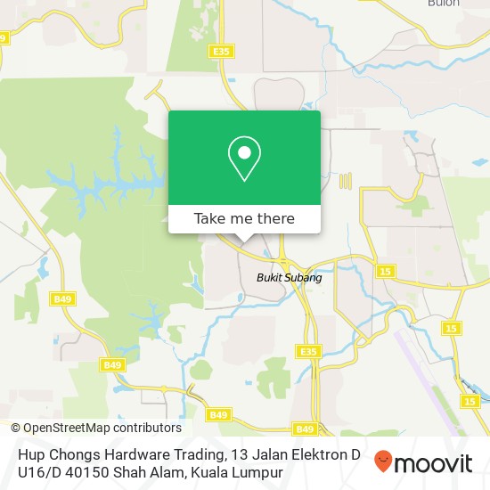 Peta Hup Chongs Hardware Trading, 13 Jalan Elektron D U16 / D 40150 Shah Alam